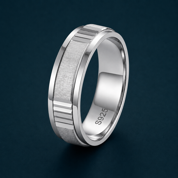 Brushed Ribbed Edge Ring in 925 Sterling Silver