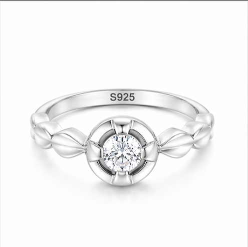 Floral Halo Solitaire Ring in 925 Sterling Silver