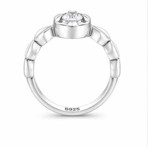 Floral Halo Solitaire Ring in 925 Sterling Silver
