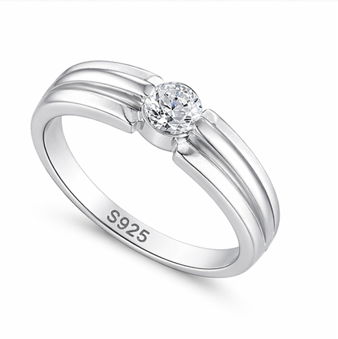 Classic Round Solitaire Ribbed Band Ring in 925 Sterling Silver