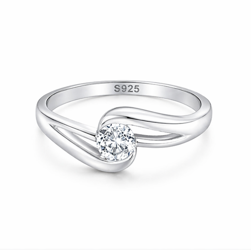 Elegant Wave Solitaire Ring in 925 Sterling Silver