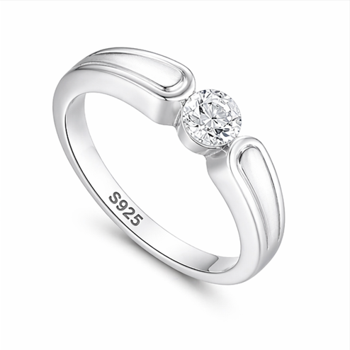 Elegant Round Solitaire Wave Band Ring in 925 Sterling Silver