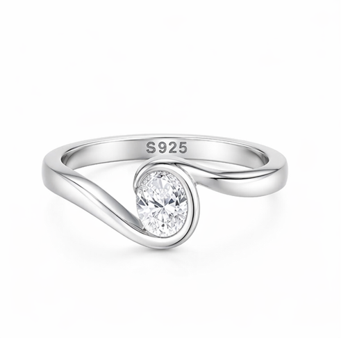 Modern Wave Bezel Solitaire Ring in 925 Sterling Silver