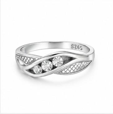 Triple Stone Wave Designer Ring in 925 Sterling Silver