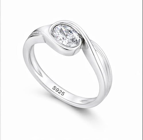 Elegant Oval Solitaire Twist Ring in 925 Sterling Silver