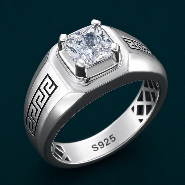 Premium S925 Silver Princess Cut Solitaire Ring with Greek Pattern Designer Band