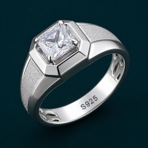 Premium S925 Silver Princess Cut Solitaire Ring with Matte Texture Designer Band