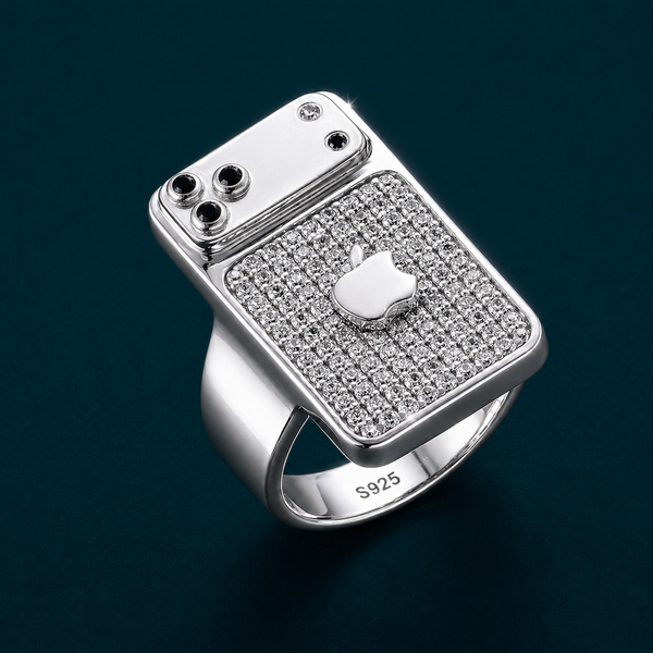 Premium S925 Silver Apple Design Statement Ring with Diamond Studded Finish