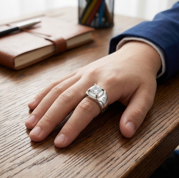 Premium S925 Sterling Silver Cushion Cut Solitaire Signet Ring for Men