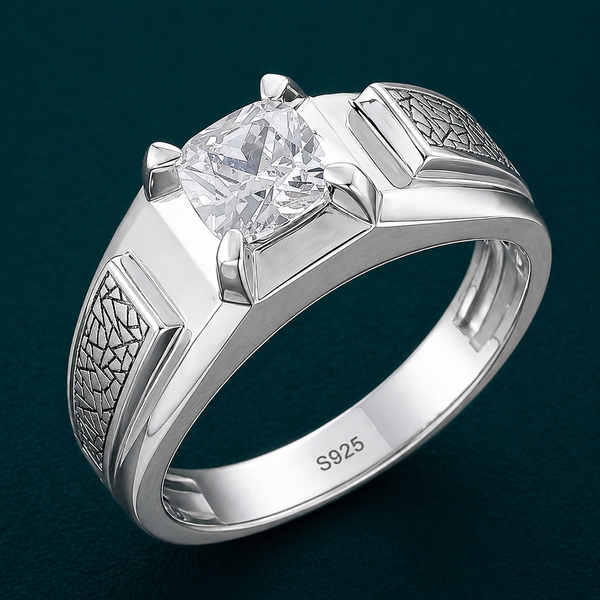Men’s Cushion Cut Solitaire Ring in 925 Sterling Silver