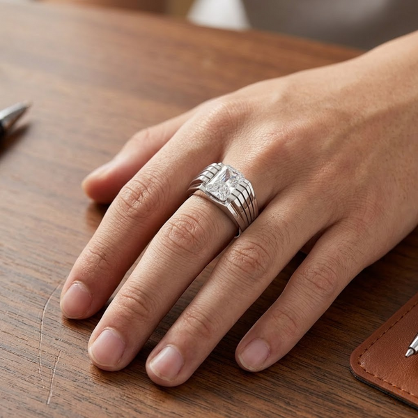 Elegant Geometric Solitaire Ring – 925 Sterling Silver with Emerald-Cut Crystal
