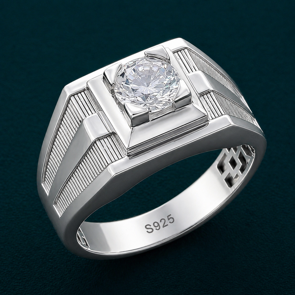 Premium S925 Sterling Silver Square Head Diamond-Cut Ring for Men – Platinum Finish Statement Ring