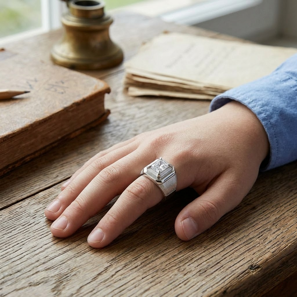 Men’s Square-Cut Solitaire Ring – 925 Sterling Silver Textured Band with Premium Zircon Stone