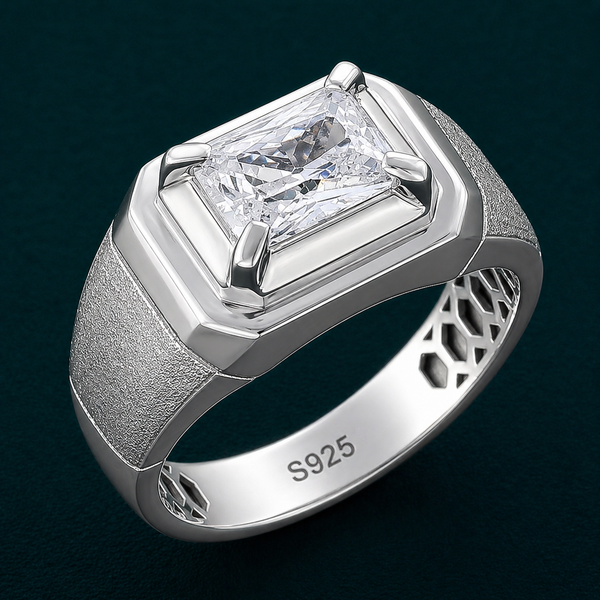 Men’s Square-Cut Solitaire Ring – 925 Sterling Silver Textured Band with Premium Zircon Stone