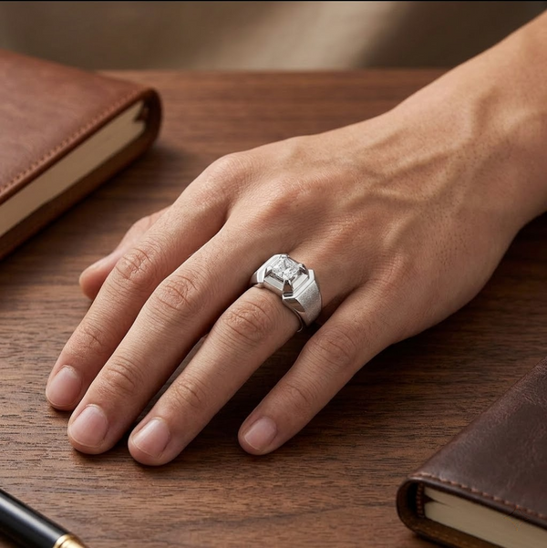 Men’s Geometric Square-Cut Stone Ring – 925 Sterling Silver Bold Statement Ring