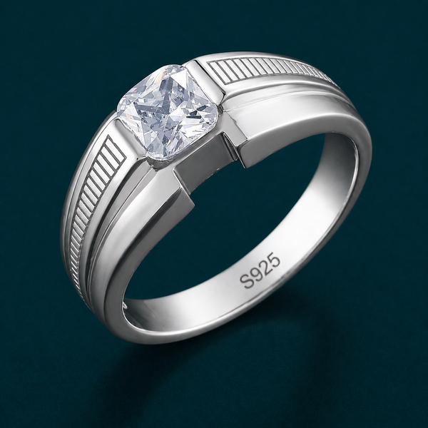 Classic S925 Silver Cushion Cut Solitaire Ring with Engraved Band Design