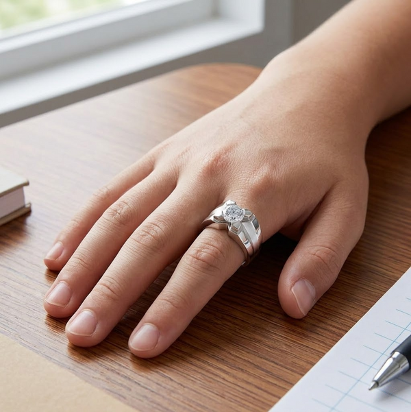 925 Sterling Silver Floral Claw Setting Ring with Round-Cut Stone – Platinum Finish Statement Ring for Men