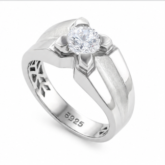 Stylish 925 Sterling Silver Solitaire Ring with Textured Band – Platinum Finish Men’s Ring