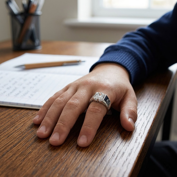 Men’s Modern Textured Square Stone Ring – 925 Sterling Silver Statement Ring