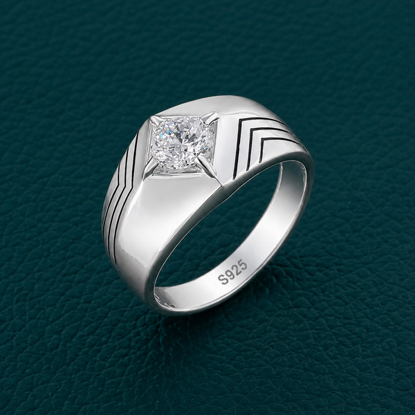 Men’s Classic Solitaire Ring – 925 Sterling Silver with Square Setting | Sleek Line Design & Platinum Finish