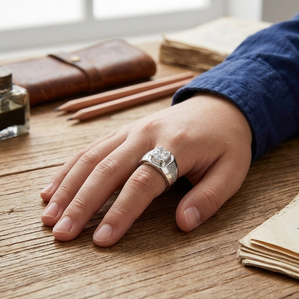Men’s Cushion-Cut Zircon Ring – 925 Sterling Silver Engraved Designer Statement Ring