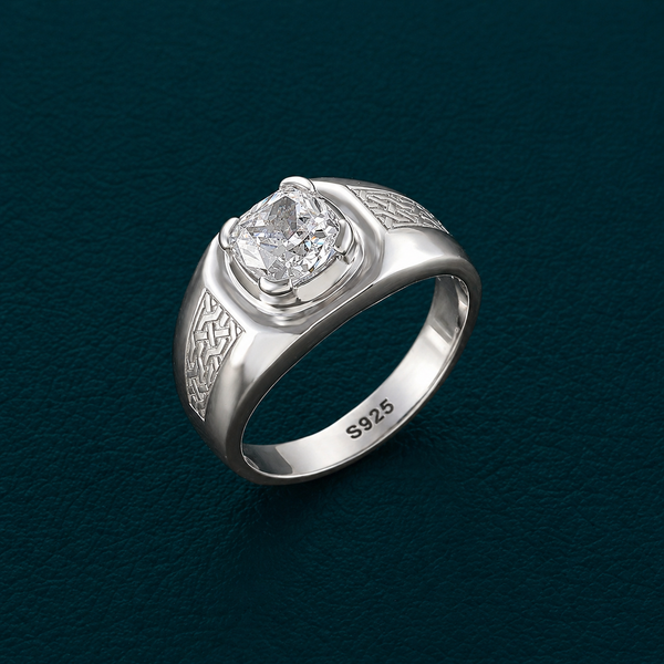 Men’s Cushion-Cut Zircon Ring – 925 Sterling Silver Engraved Designer Statement Ring