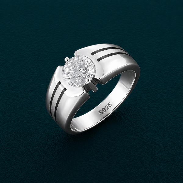 Men’s Modern Solitaire Ring – 925 Sterling Silver with Dual Line Accent Design