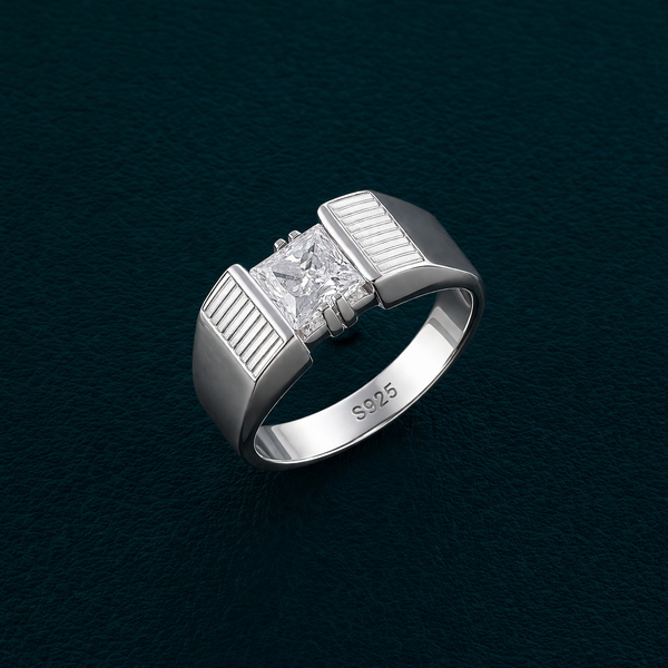 Modern Textured Band Square-Cut Stone Ring – 925 Sterling Silver Statement Ring for Men