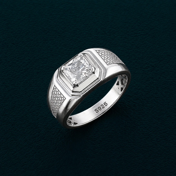 Elegant Square-Cut Diamond Style Ring – 925 Sterling Silver Statement Ring for Men