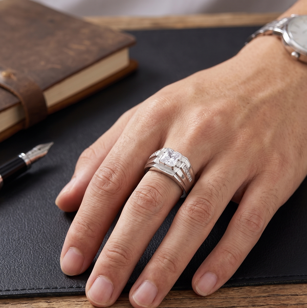 Men’s Princess-Cut Solitaire Ring – 925 Sterling Silver with Dual Band & Side Stone Accents