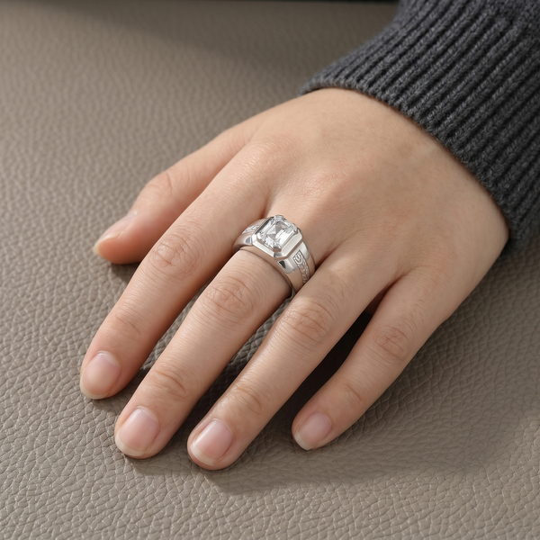 Men’s Emerald-Cut Solitaire Ring – 925 Sterling Silver with Engraved Designer Ring