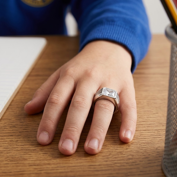 Men’s Cushion-Cut Solitaire Ring – 925 Sterling Silver with Textured Side Detailing