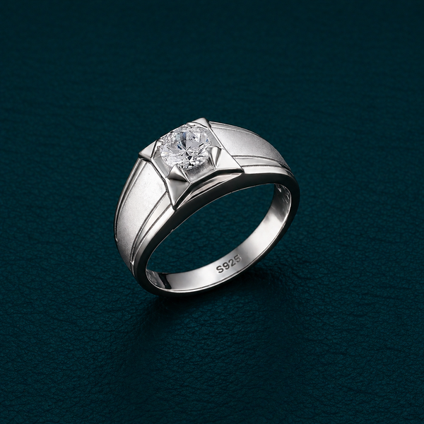 Men’s Classic Round Solitaire Ring – 925 Sterling Silver Square Mount