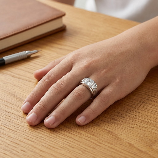 Men’s Princess Cut Solitaire Ring – 925 Sterling Silver Textured Designer Ring