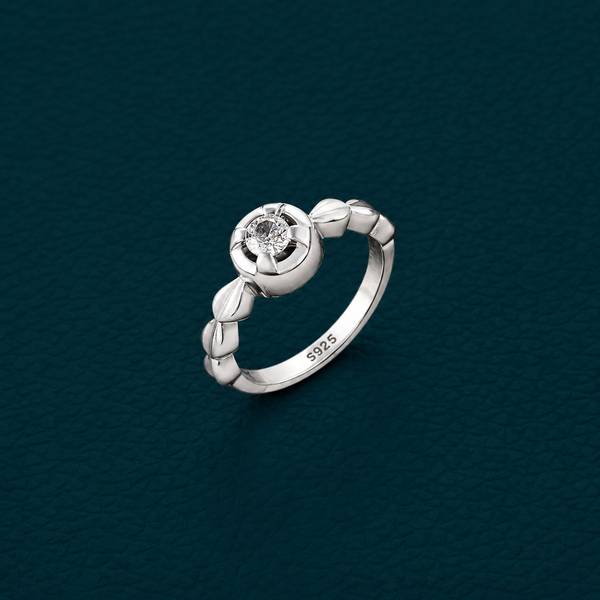 Floral Halo Solitaire Ring in 925 Sterling Silver
