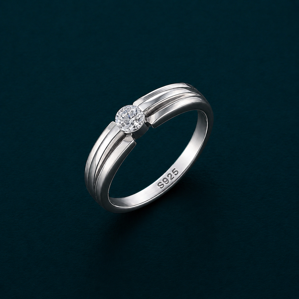 Classic Round Solitaire Ribbed Band Ring in 925 Sterling Silver