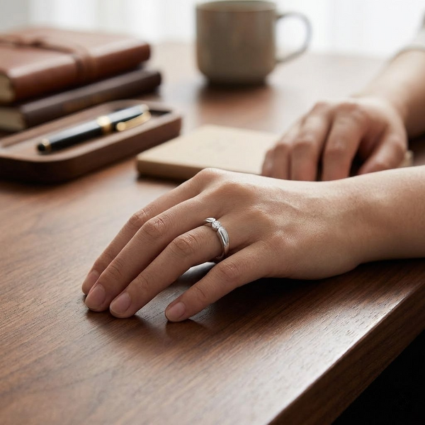 Elegant Round Solitaire Wave Band Ring in 925 Sterling Silver