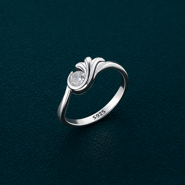 Elegant Floral Wave Solitaire Ring in 925 Sterling Silver