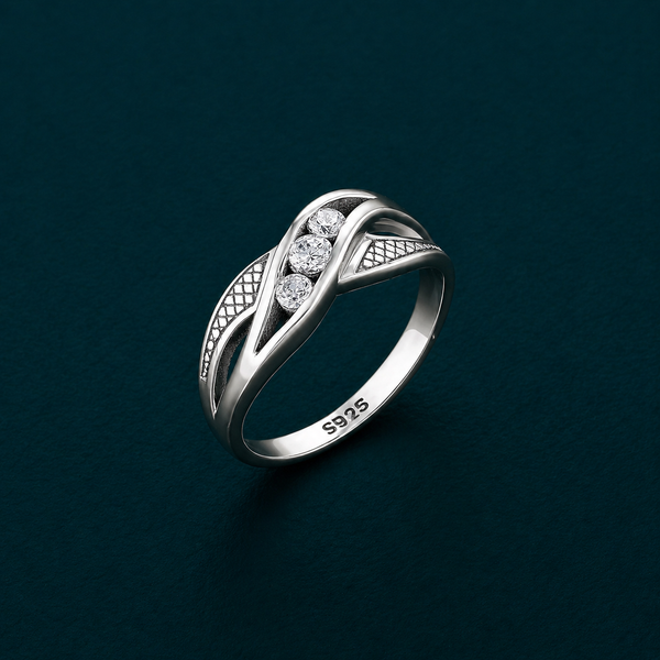 Triple Stone Wave Designer Ring in 925 Sterling Silver