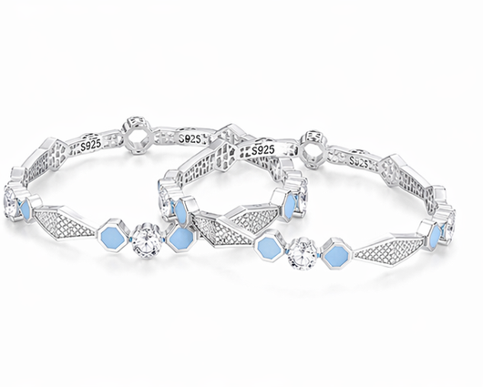 Rivadhy S925 Sterling Silver Honeycomb Bangles – Pastel Blue Enamel & Solitaire Stone Geometric Bangle Set