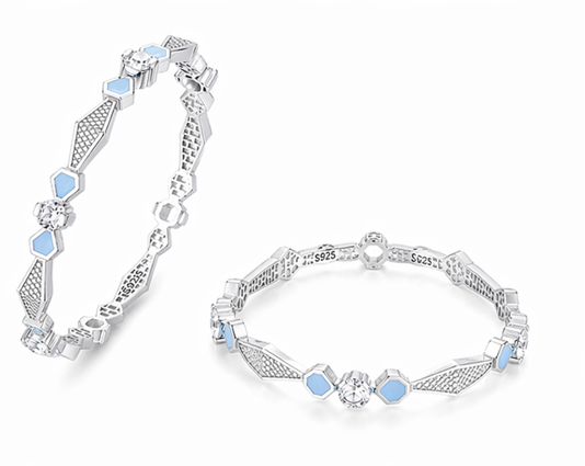 Rivadhy S925 Sterling Silver Honeycomb Bangles – Pastel Blue Enamel & Solitaire Stone Geometric Bangle Set